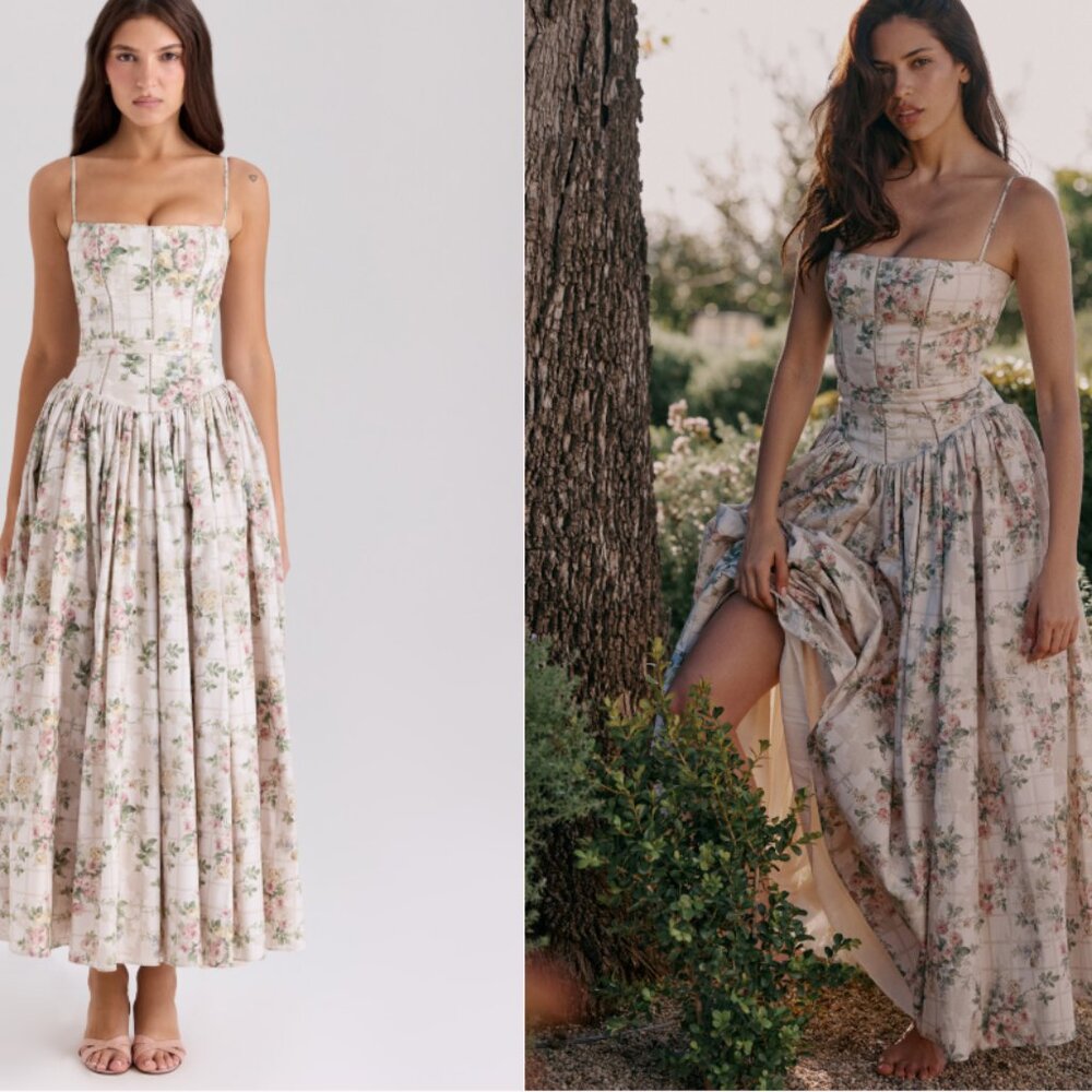 House of CB 'Ysabella' Cream Floral Print Cotton Midi Sundress NWT